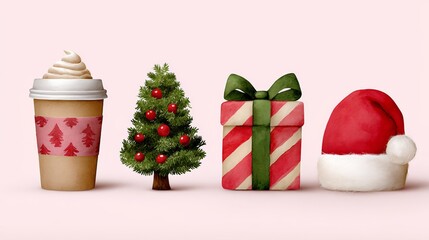 Christmas tree, a cup of coffee, a gift box, and a Santa hat are all displayed on a pink background