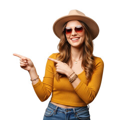 Woman wearing hat and sunglasses pointing to the side isolated on transparent background