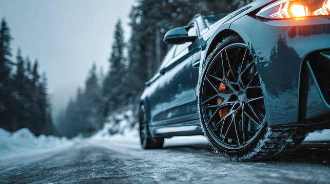Snowy road with a sleek car showcasing winter-ready tires against a backdrop of pine trees and soft mist