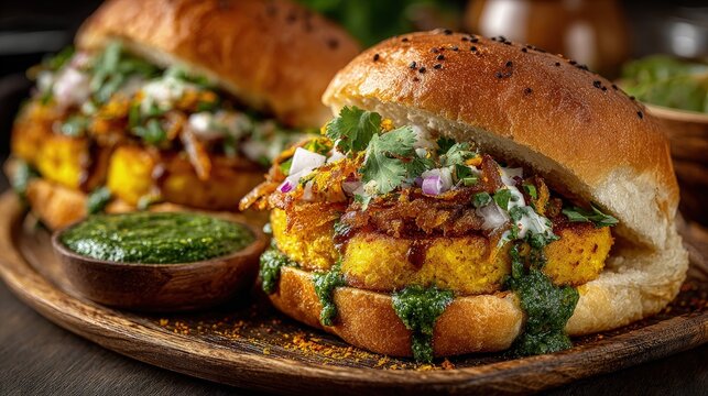 Close-up of Traditional Indian Food Vada Pav crispy vada in soft pav garnished with green chutney and spices on a rustic plate
