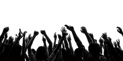 Excited crowd with raised hands at concert isolated on white background.AI GENERATED