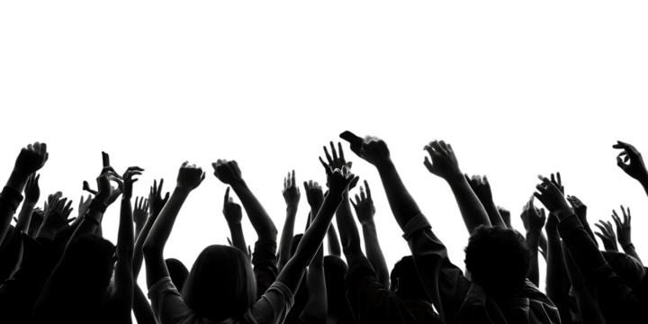 Excited crowd with raised hands at concert isolated on white background.AI GENERATED
