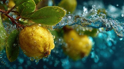 Juicy yellow quince plummets into tranquil lake generating dynamic burst of shimmering waves