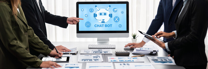 Panorama shot analyst team utilizing BI Fintech to analyze financial report with laptop....