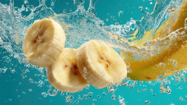 Bright banana slices splashing into pristine water energetic motion crisp textures refreshing aesthetic high-demand photo concept
