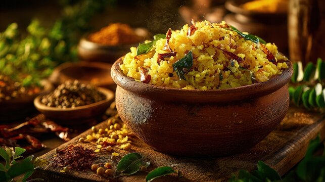 Close-up Traditional Indian Food Poha fluffy rice flakes curry leaves mustard seeds vibrant spices served in clay bowl cultural ambiance