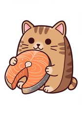 猫、鮭を持つ、イラスト、可愛い動物、食事シーン