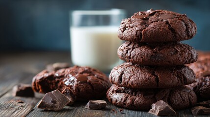 Fototapeta premium A stack of chocolate cookies and a glass of milk. The cookies are piled on top of each other, and there are chocolate chips scattered around the table. Concept of indulgence and comfort