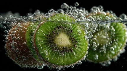 Artistic still life of Kiwifruit slices splashing water sparkling clear bubbles crisp detail ideal image for wellness advertising