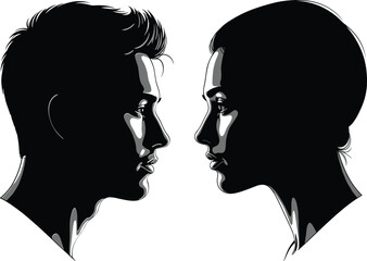 Male and female face profile silhouette illustration, black and white side view portrait, human head vector art, people design concept for graphic projects