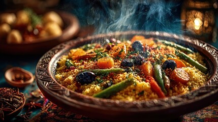 Vibrant Maghrebi Cuisine couscous dish colorful vegetables aromatic spices rustic clay bowl warm lighting authentic North African setting inviting texture