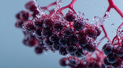 Macro shot of elderberry splashing water in midair frozen droplets minimal background photo style fresh fruit concept