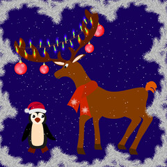 christmas background with deer and a penguin