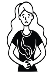 Woman Suffering from Abdominal Pain A Monochromatic Illustration Depicting Digestive Discomfort and Health Issues