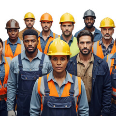 Diverse construction workers in hard hats isolated on transparent background
