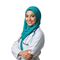 Smiling muslim doctor wearing hijab and lab coat isolated on transparent background