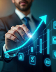 Businessman pushing a digital graph upward on a virtual touchscreen