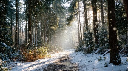 Obraz premium A snowy forest path with trees and snow. The snow is falling and the sun is shining through the trees