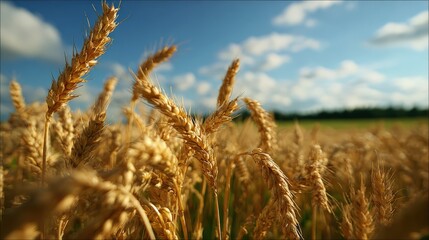 Fototapeta premium Golden wheat field under blue sky with fluffy clouds in natural agriculture setting