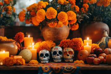 Day of the Dead Altar with Marigold Flowers, Candles, and Skulls, Traditional Mexican D&iacute;a de los Muertos Ofrenda

