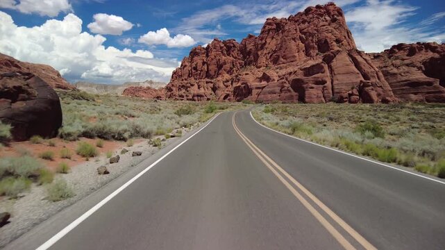 Driving Plate Utah Desert in Snow Canyon Sunny Southbound Multicam Set 10 Rear View Southwest USA