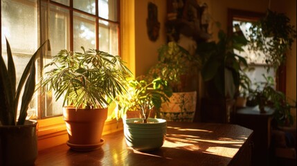 Fototapeta premium A potted plant sits on a windowsill, with a bowl of soil next to it. The sunlight is shining on the plant, making it look healthy and vibrant. Concept of warmth and comfort, as the plant