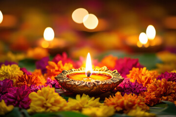 Diwali Diya Lamps with Marigold Flowers on Colorful Petals, Traditional Indian Festival of Lights Celebration


