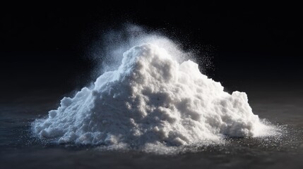 Close up view of pile of white powder with fine textures and fine particles