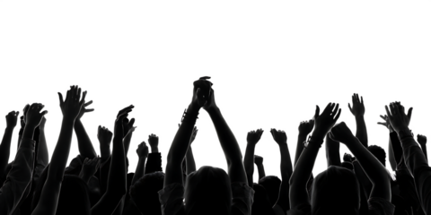 Crowd with raised hands in silhouette against background arms isolated on a transparent background