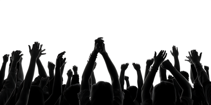 Crowd with raised hands in silhouette against background arms isolated on a transparent background - Powered by Adobe