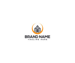 Architectural Emblem: A modern architectural logo design showcasing sleek high-rise buildings and a radiant crescent, symbolizing innovation and urban development.