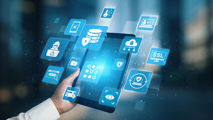 Data privacy and cyber security icons show encryption, data privacy safeguards, and cyber security defense. Data privacy ensures cyber security protection and access control. Gist