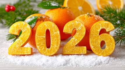 Close up of oranges with the number twenty-six written in the middle. The oranges are sliced and arranged in a way that creates the letters of the number. Concept of freshness and abundance