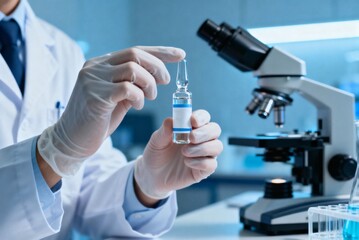 Fototapeta premium A male scientist in a white lab coat and blue tie carefully holds a vaccine vial in a sterile laboratory, emphasizing the importance of medical research.