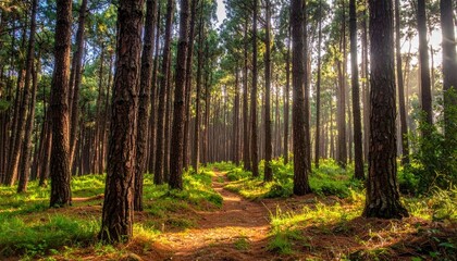 Naklejka premium Sunlit Forest Path - A Tranquil Walk Among Tall Trees.