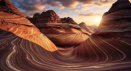 Abstract rock formations, undulating striations in warm light, sunset views