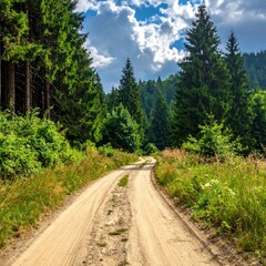 Winding Dirt Road Through Lush Green Forest on a Sunny Day.