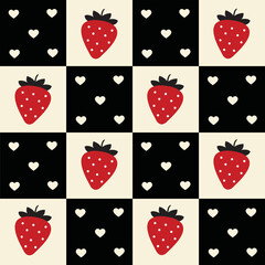 Strawberry and Hearts Checkerboard Pattern