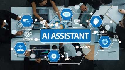 AI Assistant Concept Visualization with People Collaborating and Technology Elements in a Modern Office Environment. Amity