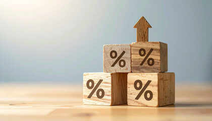 Wooden cubes with percentage symbols and upward arrows, business success, financial growth