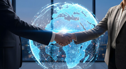 Two business people shaking hands with a glowing futuristic digital globe between them symbolizing global connection and partnership