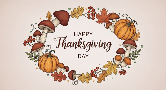 Happy thanksgiving day greeting card with pumpkins and mushrooms illustration