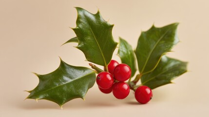 Holly bough with red berries and green leaves for seasonal decor