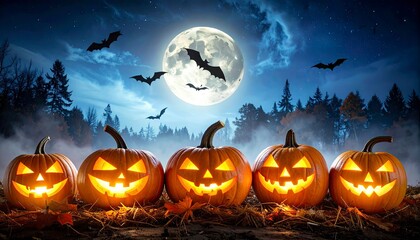 Halloween Night - Jack-o-Lanterns Under a Full Moon.