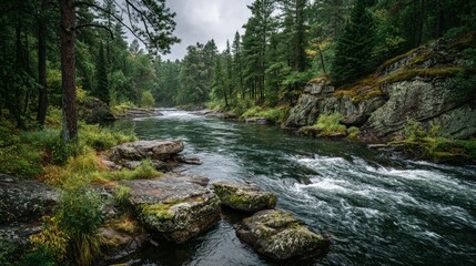 Wild river landscape with rapid whitewater moss-covered rocks and dense pine trees under stormy skies