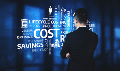 A businessman stands analyzing cost savings and efficiency metrics in a corporate setting, utilizing data visualizations to inform strategic financial decisions and optimize operations. Tessel