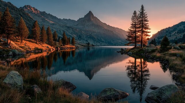 Sunset over a mountain landscape warm hues reflecting on a glacial lake silhouetted pine trees breathtaking view