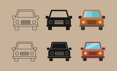 Set of stylized car icons in different styles and colors
