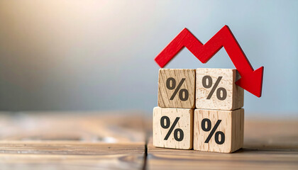 Wooden cubes with percentage symbols and downward arrows, business risk concept.