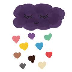 Cute Sleepy Purple Cloud Raining Multi-Colored Hearts